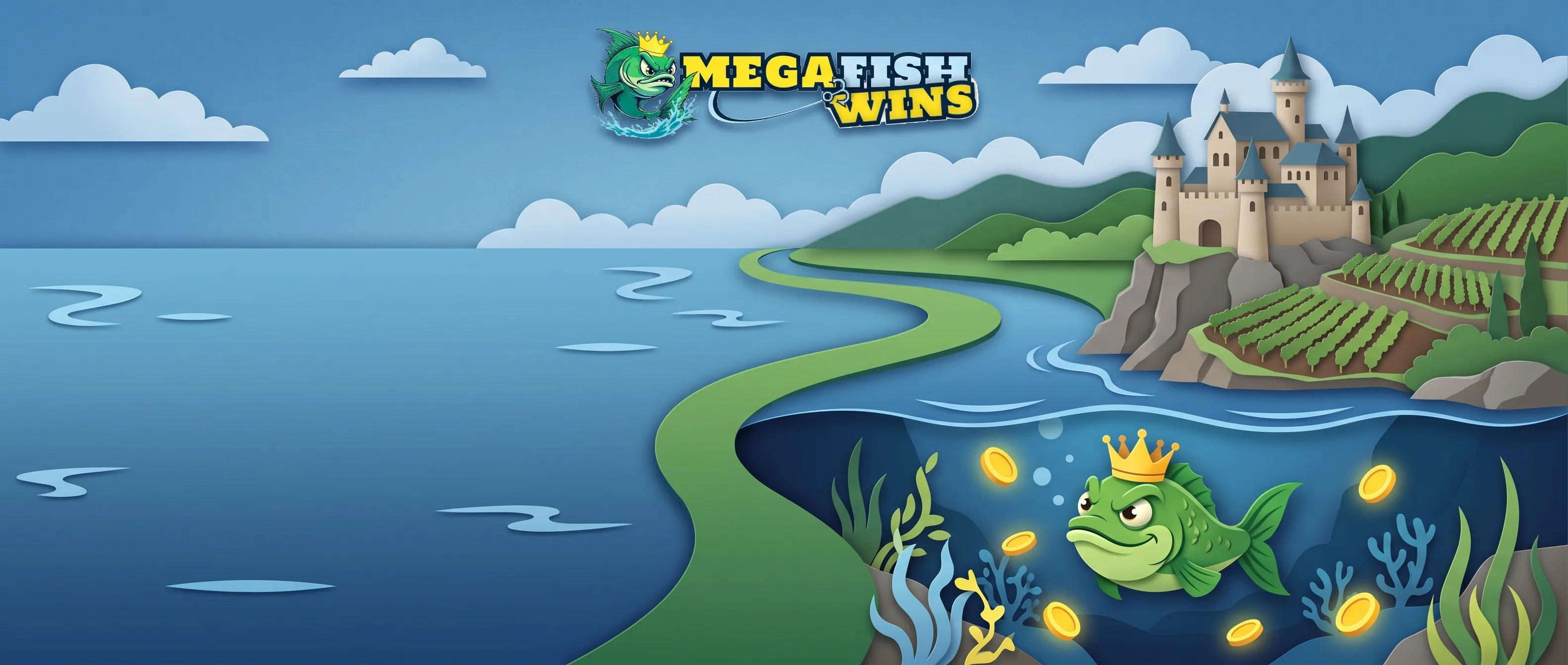 MegaFishWins am Rhein mit Flusslandschaft, Burg und gekröntem Fisch