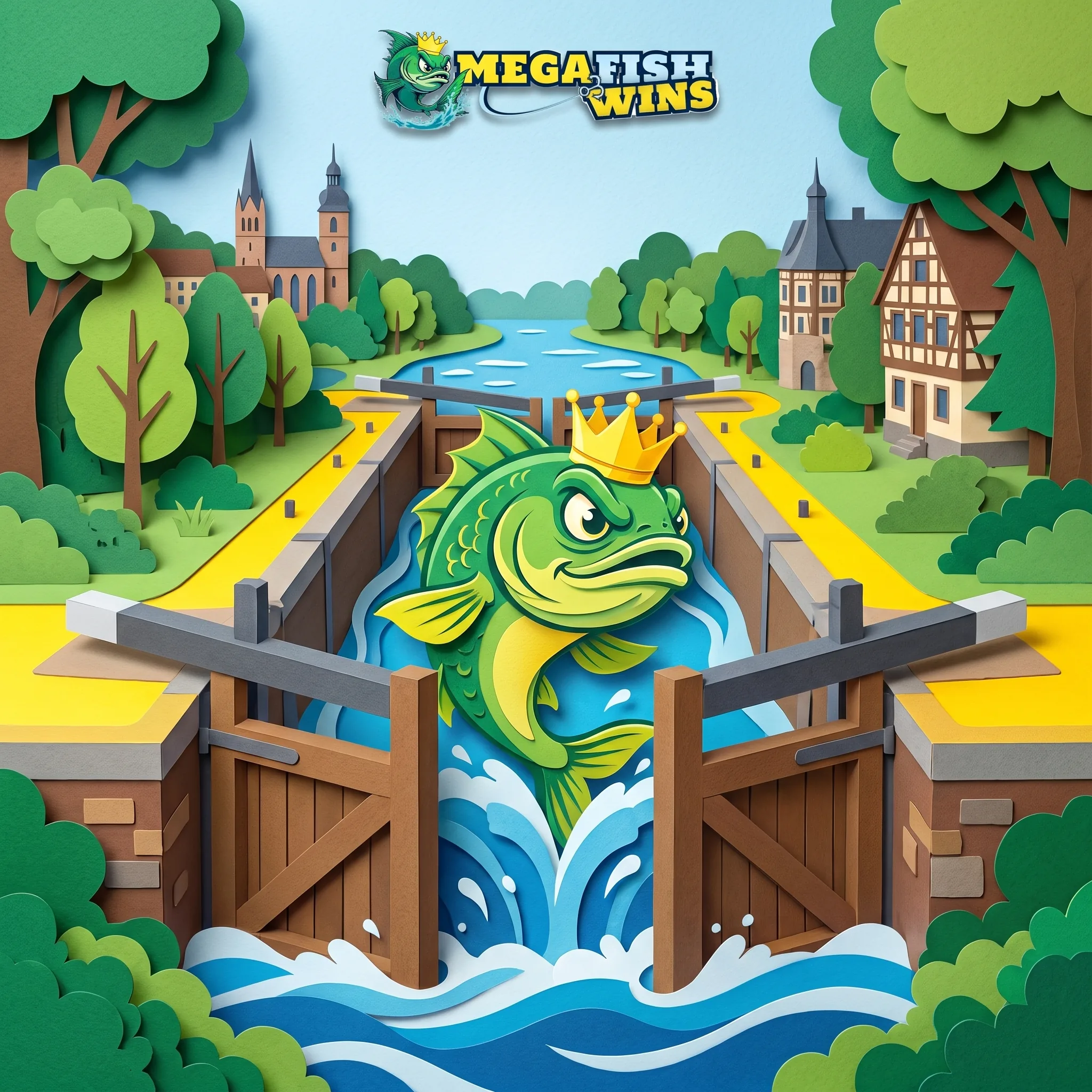 Gekrönter MegaFishWins-Fisch zwischen geöffneten Schleusentoren